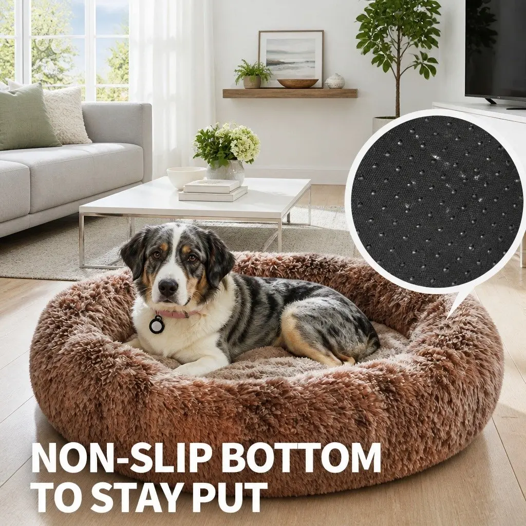 Round Pet Bed Soft Plush 70cm Brown