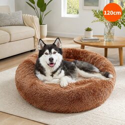 Pet Calming Bed Round Nest Warm Plush Sleeping Cave Comfy Dog Cat 120cm