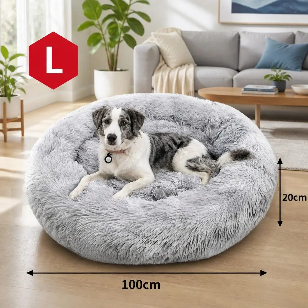 Pet Bed Round Soft Plush Washable Light Gray 100cm