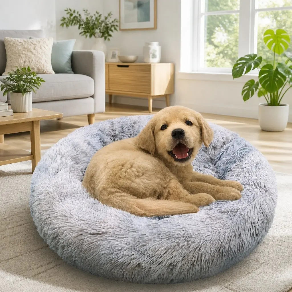 Pet Bed Calming Cushion Mattress 90cm Light Gray Soft Plush Comfy Sleeping Pad