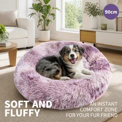 Pet Calming Bed Round Nest Warm Soft Plush Comfy Sleeping Cave Kennel 90cm