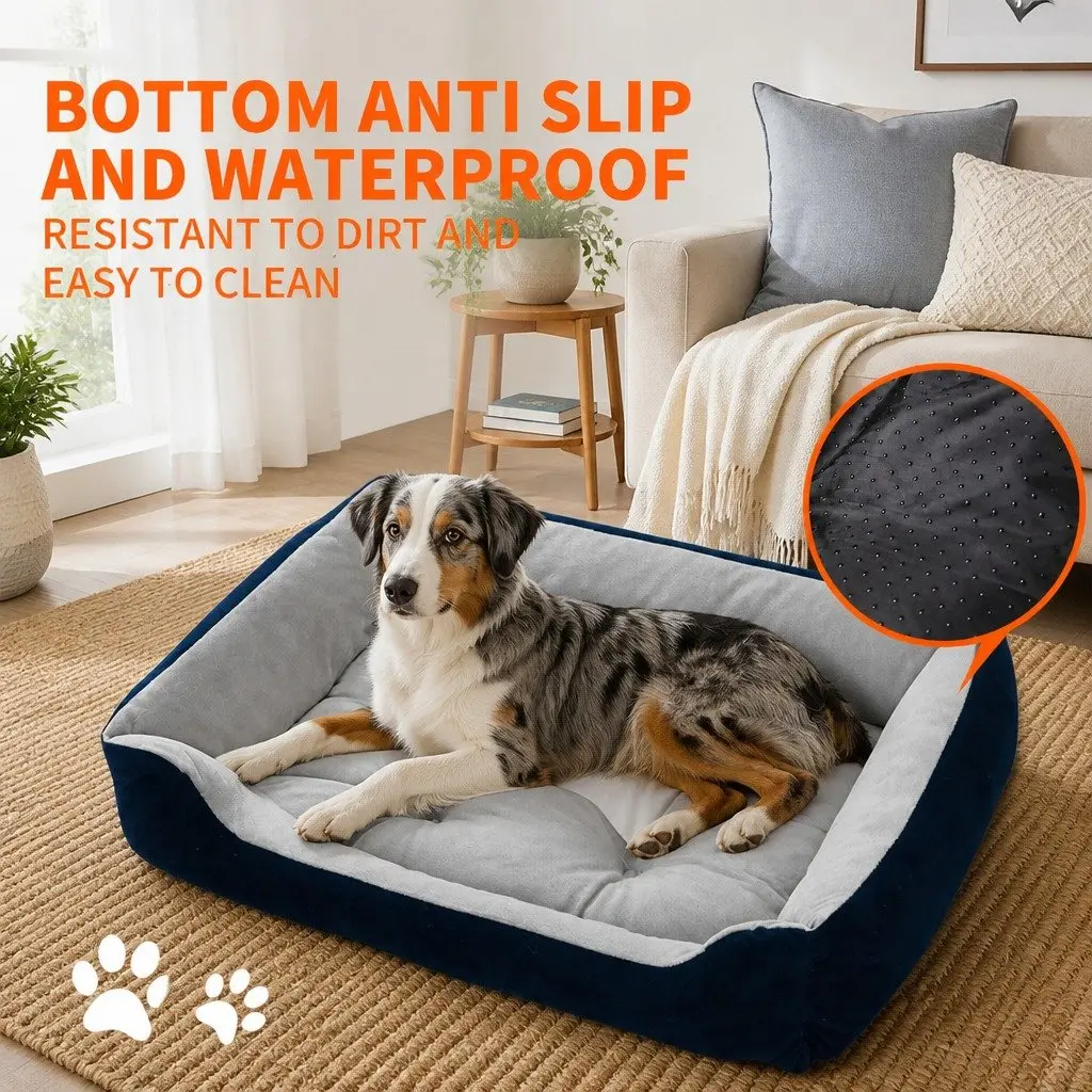 Pet Bed Warm Breathable Cotton Square Large Blue
