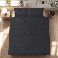 King Quilt Cover Set 3-Piece Diamond Pintuck Pinched Bedding Black Duvet