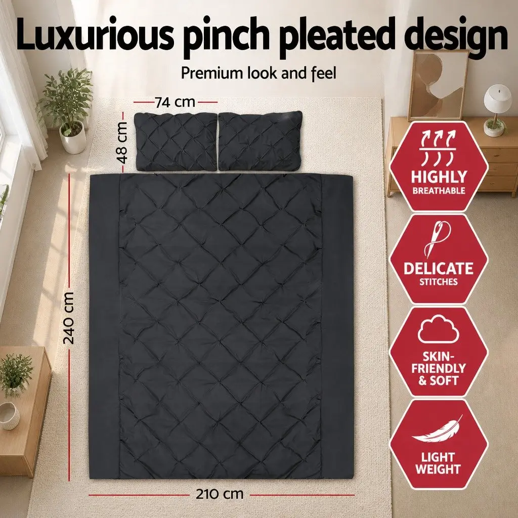 King Quilt Cover Set Diamond Pintuck Pinched 3 Piece Black Microfibre