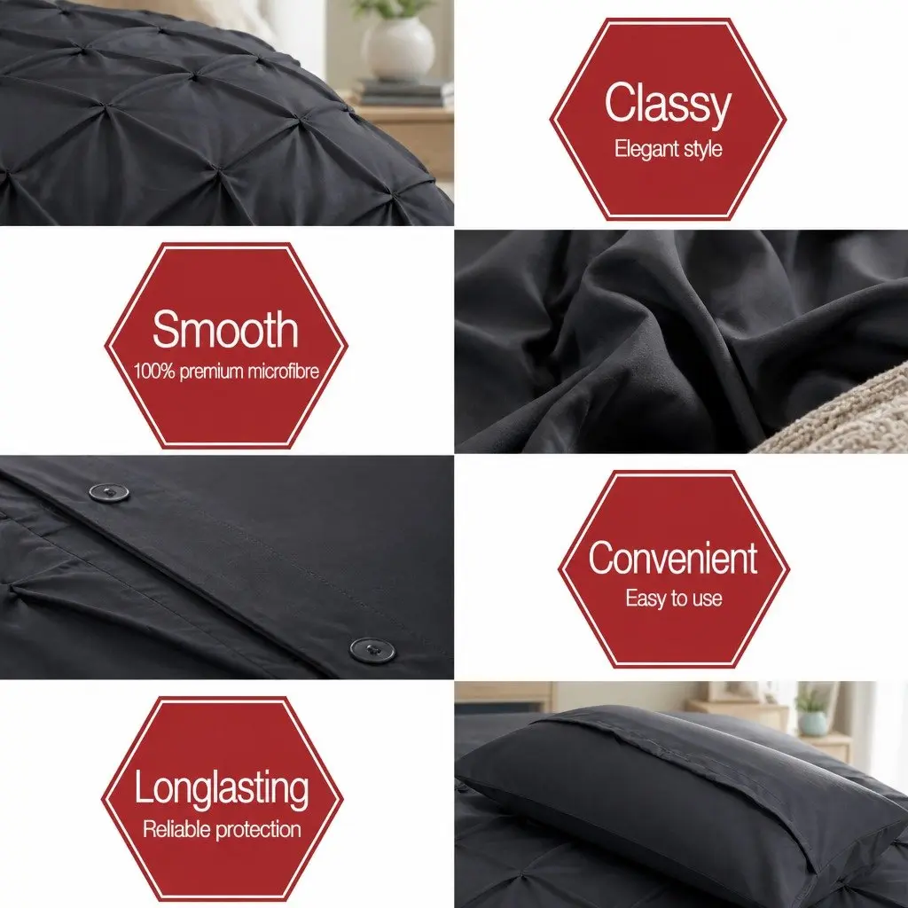 Quilt Cover Set Diamond Pintuck Design Super King Black 3 Piece Bedding