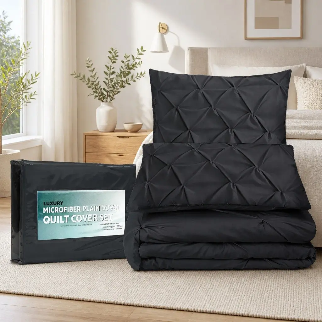 Quilt Cover Set Diamond Pintuck Design Super King Black 3 Piece Bedding
