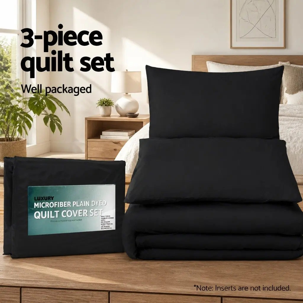 King Duvet Cover Set 3-Piece Microfibre Bedding with Pillowcases Black