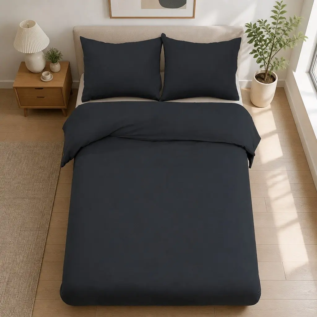 Queen Quilt Cover Set 3 Piece Bedding Duvet Pillowcase Bedroom Home Decor Black