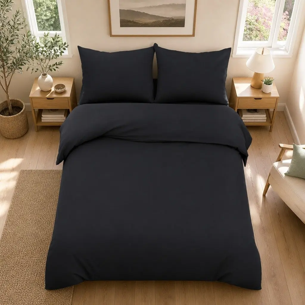 Quilt Cover Set Super King Black 3-Piece Duvet Bedding Microfibre Pillowcases