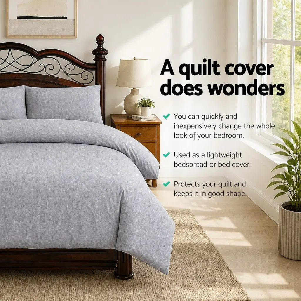 Queen Quilt Cover Set Grey 3-Piece Bedding Duvet Pillowcase