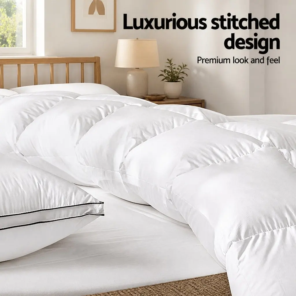 Duck Down Feather Quilt 700GSM Baffle Construction Queen Size White Cotton Cover
