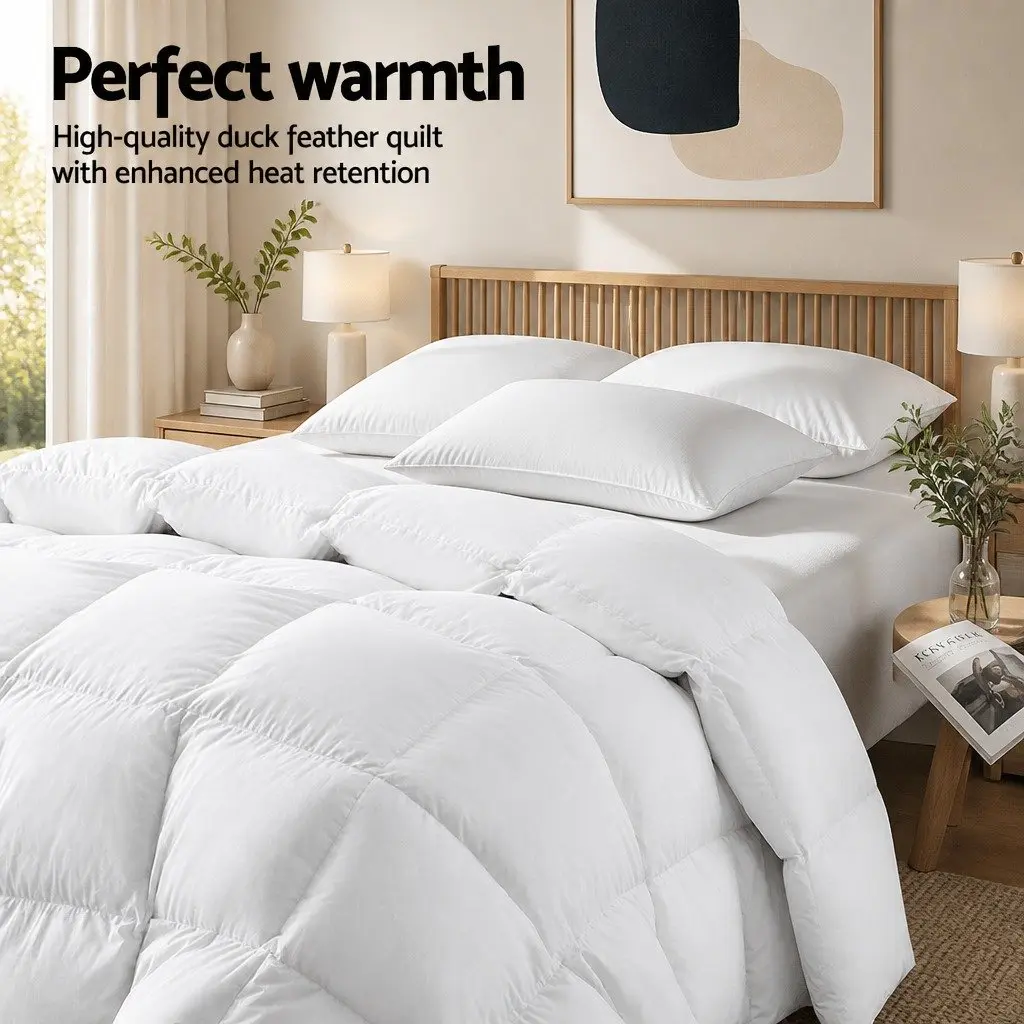 Duck Feather Down Quilt 500GSM King Size Baffle Construction White Cotton Cover