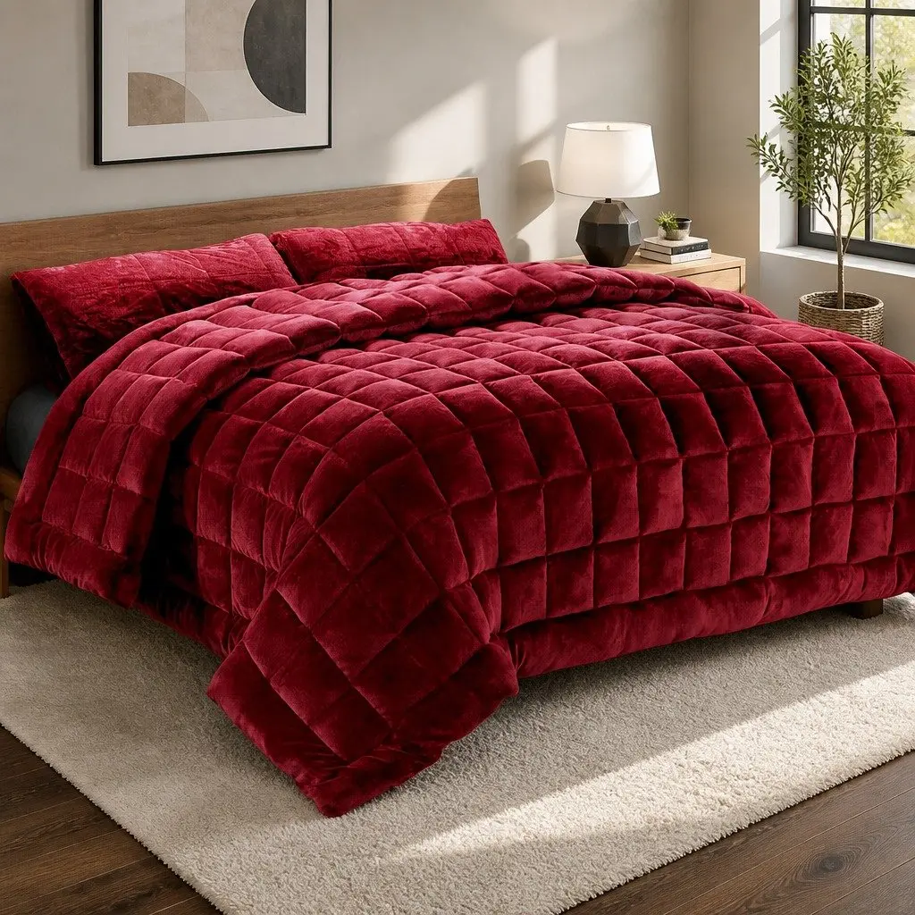 Faux Mink Quilt Queen Size Burgundy Double-Sided Winter Weight Doona Bedding