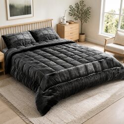 Queen Size Faux Mink Quilt Charcoal Double-Sided Bedding Set with Pillowcases