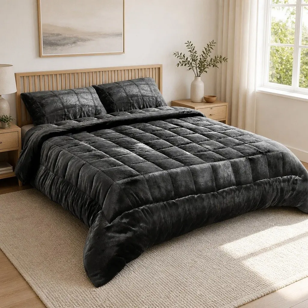 Faux Mink Quilt Super King Size Charcoal Double-Sided Winter Bedding with