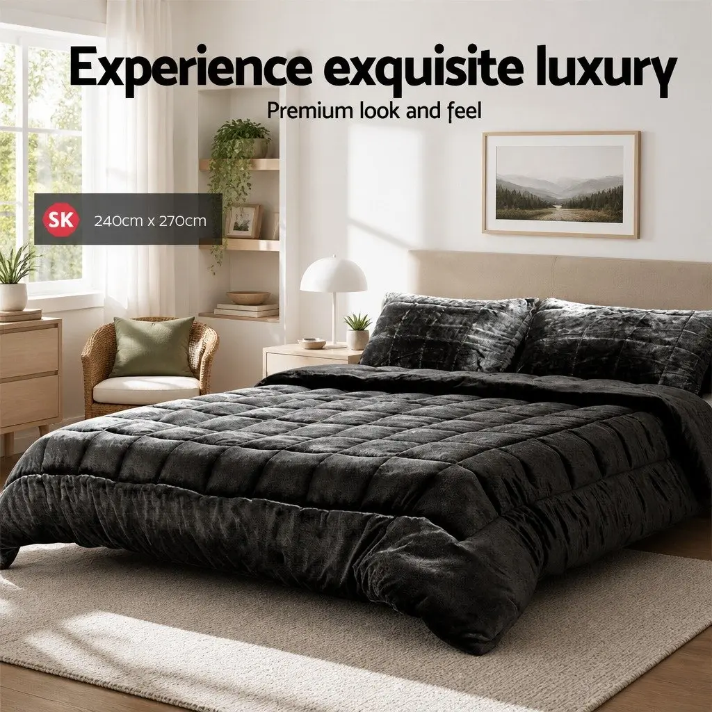 Faux Mink Quilt Double-Sided Super King Size Charcoal Winter Bedding