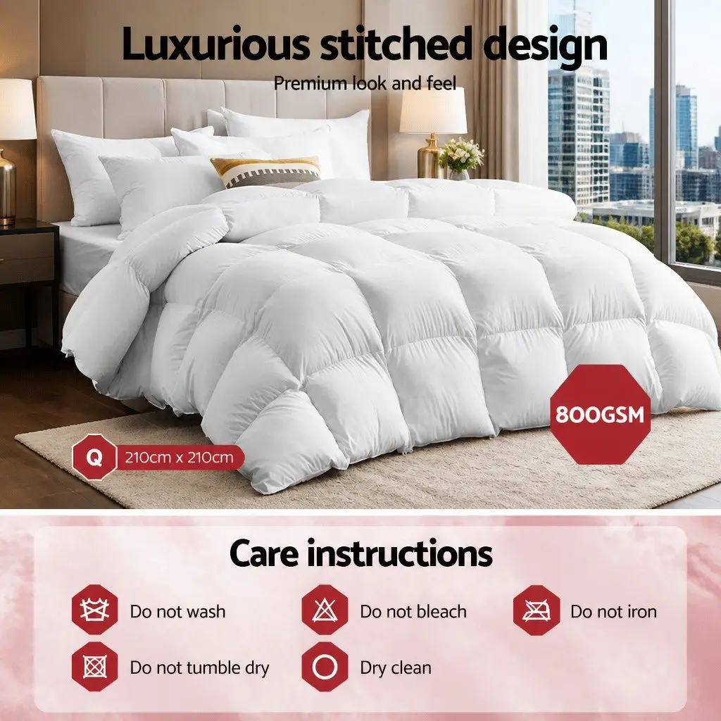 Goose Down Feather Quilt Winter Weight 800GSM Queen Size White