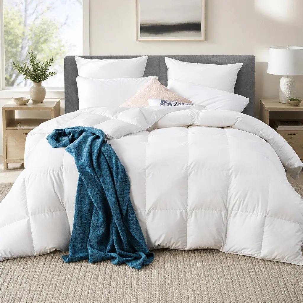 Goose Down Feather Quilt 500GSM Super King Winter Warmth Baffle Box Construction White
