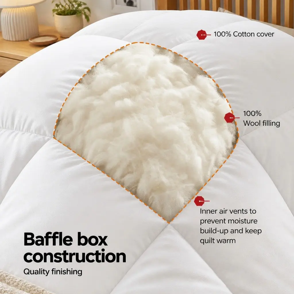 Wool Quilt Super King 800GSM Winter Doona Baffle Box Construction White Cotton Cover