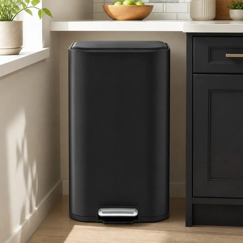 Pedal Kitchen Trash Can 40L Rectangular Steel Black Soft Close Lid
