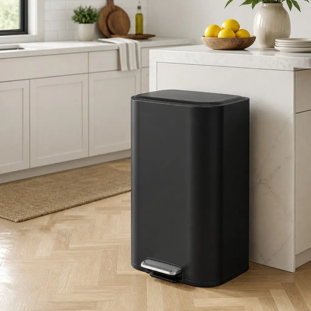 Pedal Kitchen Trash Can 40L Rectangular Steel Black Soft Close Lid