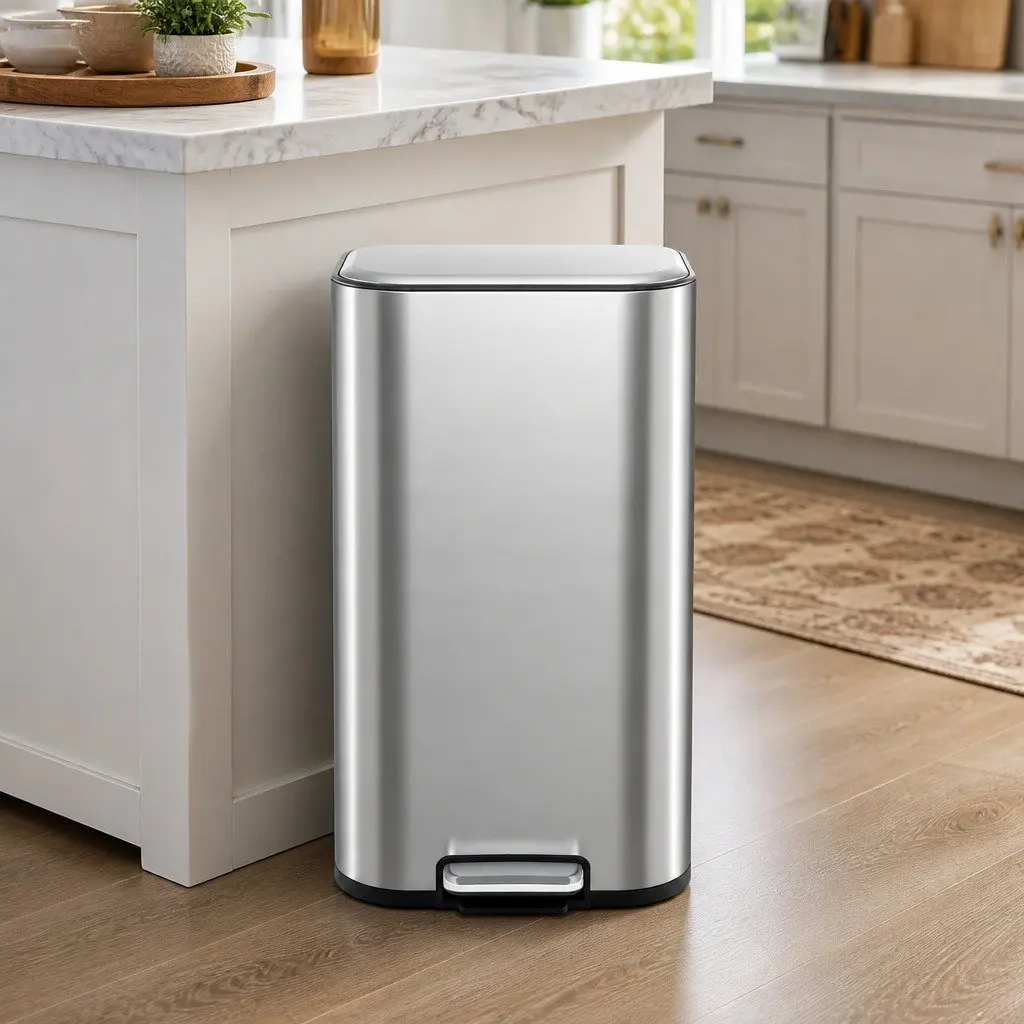 Pedal Bin 40L Steel Soft Close Lid Removable Bucket Silver Kitchen Trash Can