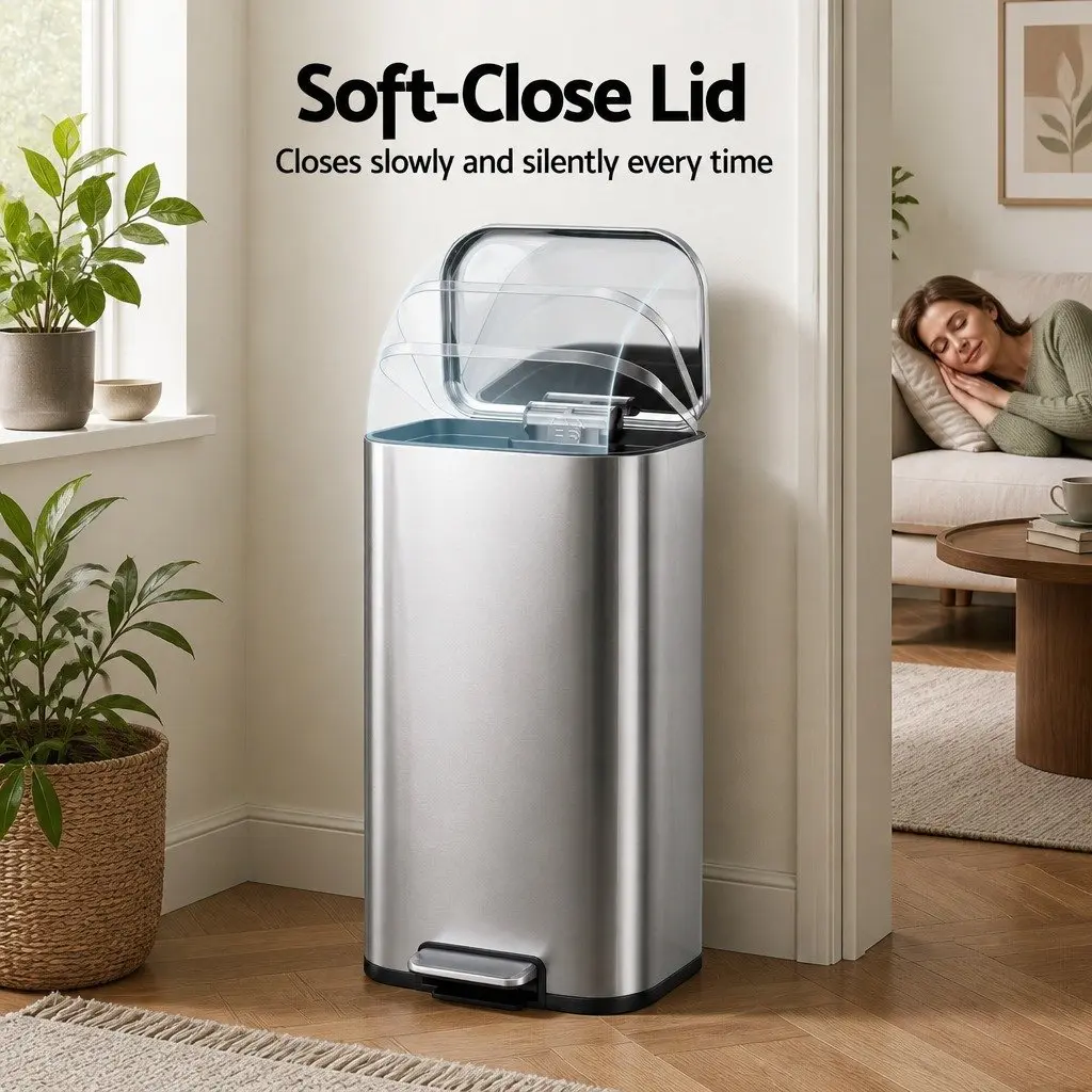 Pedal Bin 40L Steel Soft Close Lid Removable Bucket Silver Kitchen Trash Can