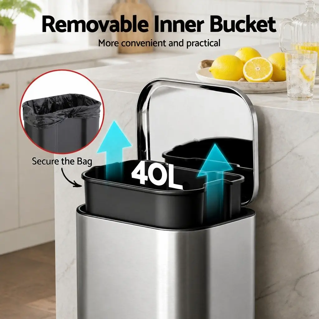 Pedal Bin 40L Steel Soft Close Lid Removable Bucket Silver Kitchen Trash Can