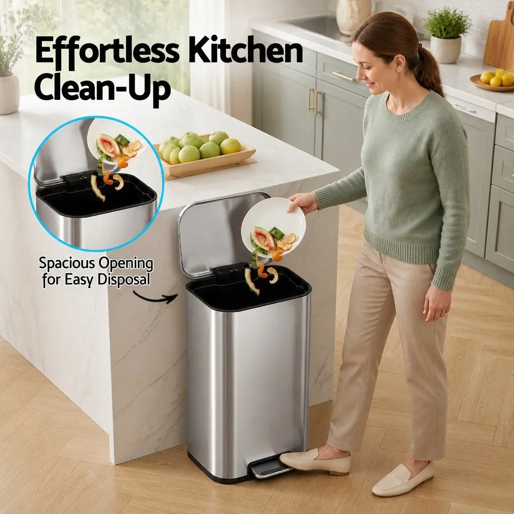Pedal Bin 40L Steel Soft Close Lid Removable Bucket Silver Kitchen Trash Can
