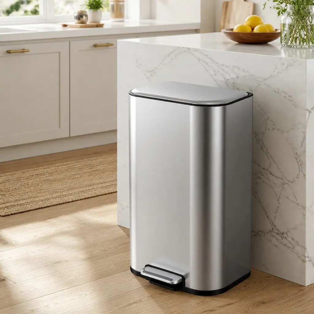 Pedal Bin 40L Steel Soft Close Lid Removable Bucket Silver Kitchen Trash Can