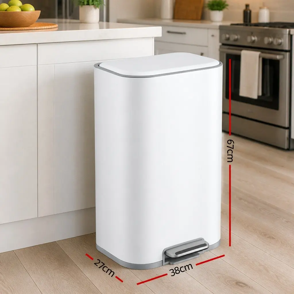 Pedal Bin 40L Steel Kitchen Trash Can Soft Close Lid Rectangular Rubbish Garbage