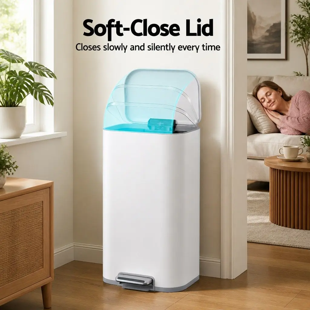 Pedal Bin 40L Steel Kitchen Trash Can Soft Close Lid Rectangular Rubbish Garbage