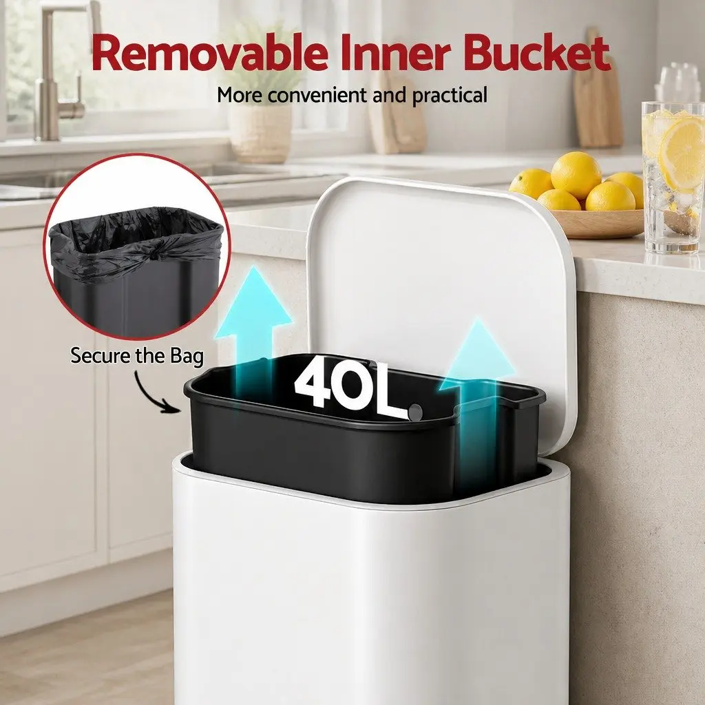 Pedal Bin 40L Steel Kitchen Trash Can Soft Close Lid Rectangular Rubbish Garbage