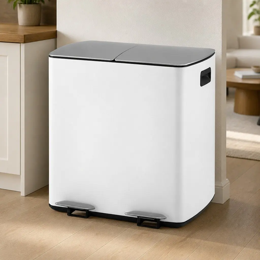 Pedal Bin Dual Compartment Waste Recycle Dustbin 40L White Kitchen Rubbish