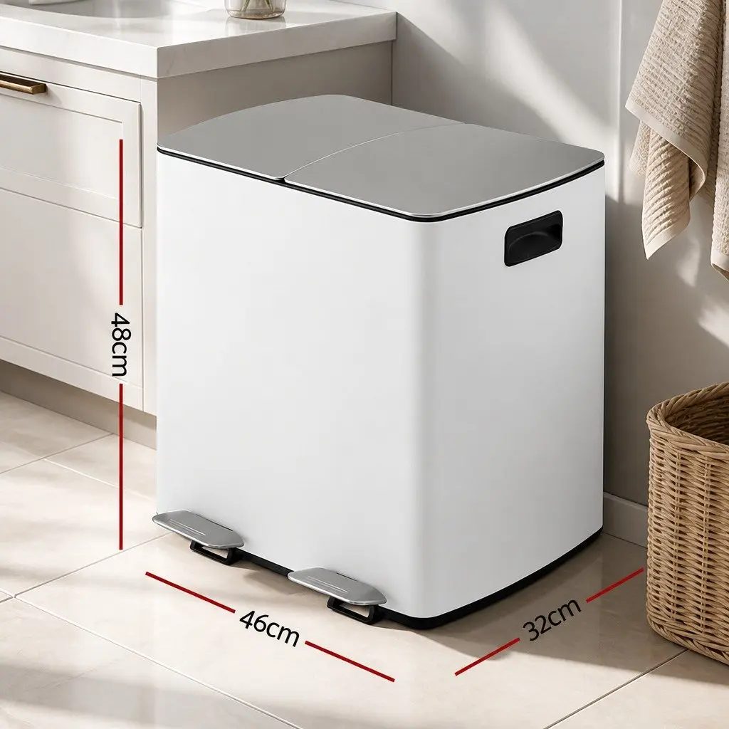 Pedal Bin Dual Compartment 40L White Kitchen Rubbish