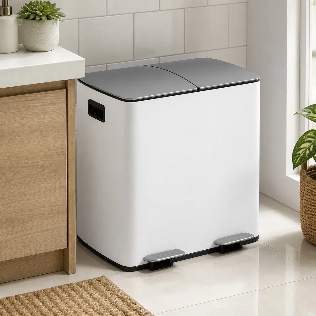 Pedal Bin Dual Compartment 40L White Kitchen Rubbish