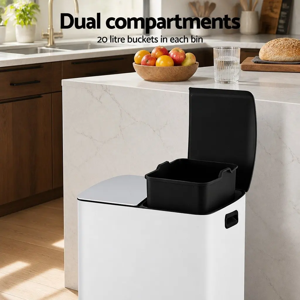 Pedal Bin Dual Compartment 40L White Kitchen Rubbish