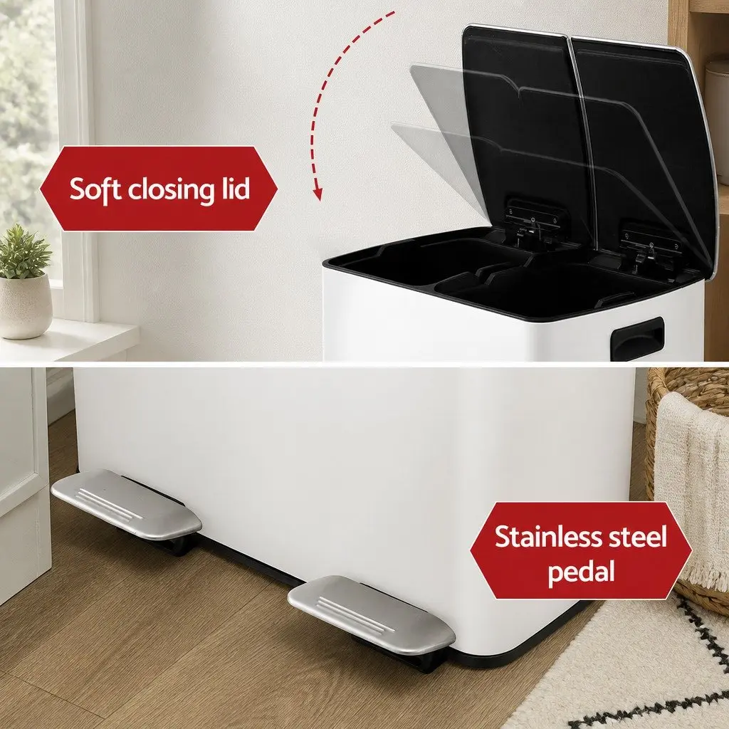Pedal Bin Dual Compartment 40L White Kitchen Rubbish