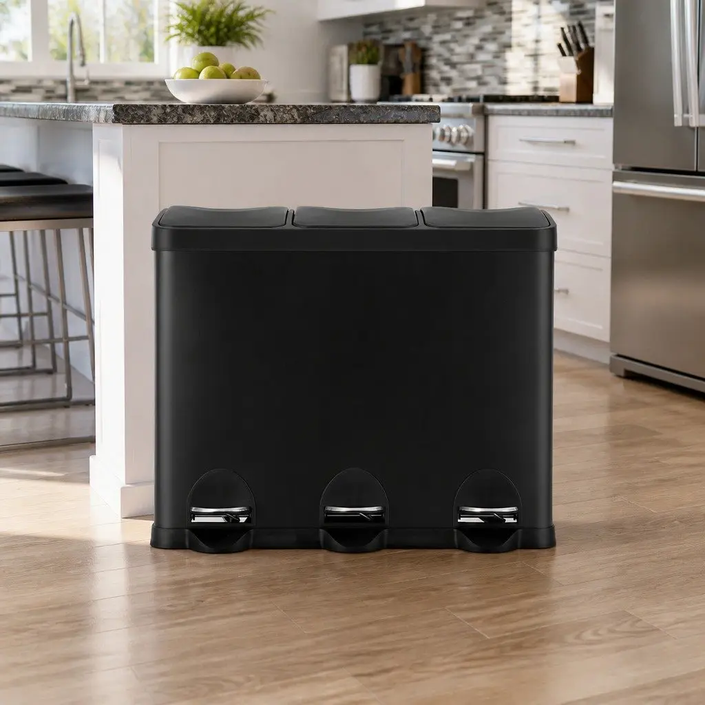 Pedal Bins Triple Compartments Soft Close 45L Black