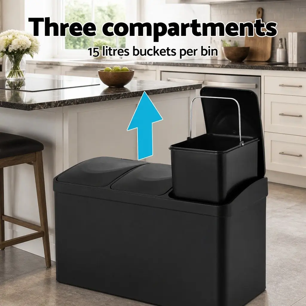 Pedal Bins Triple Compartments Soft Close 45L Black