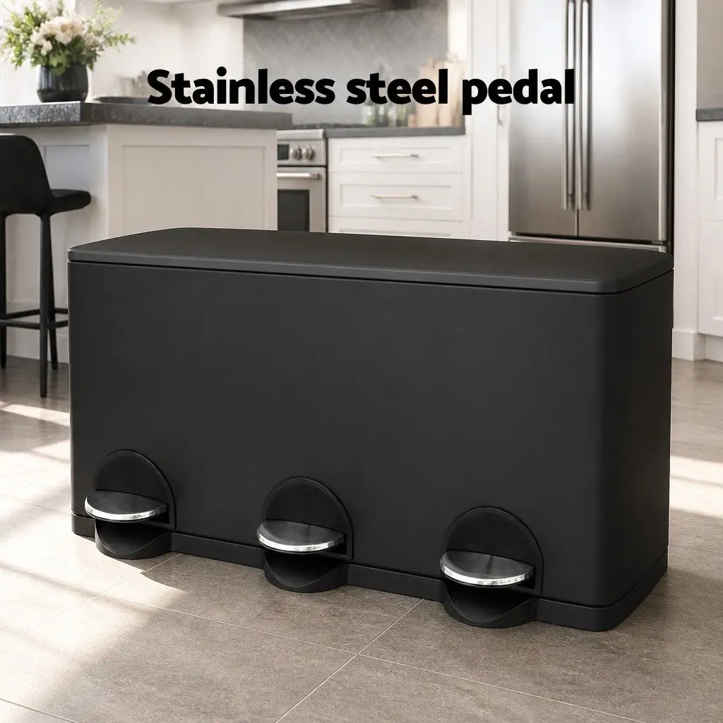 Pedal Bins Triple Compartments Soft Close 45L Black
