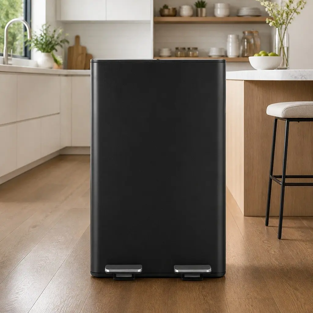 Pedal Bins Dual Compartment Waste Rubbish Dustbin Recycling 60L Black Kitchen