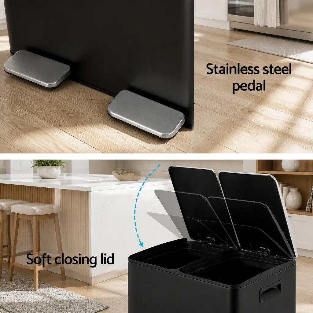Pedal Bins Dual Compartment Waste Rubbish Dustbin Recycling 60L Black Kitchen