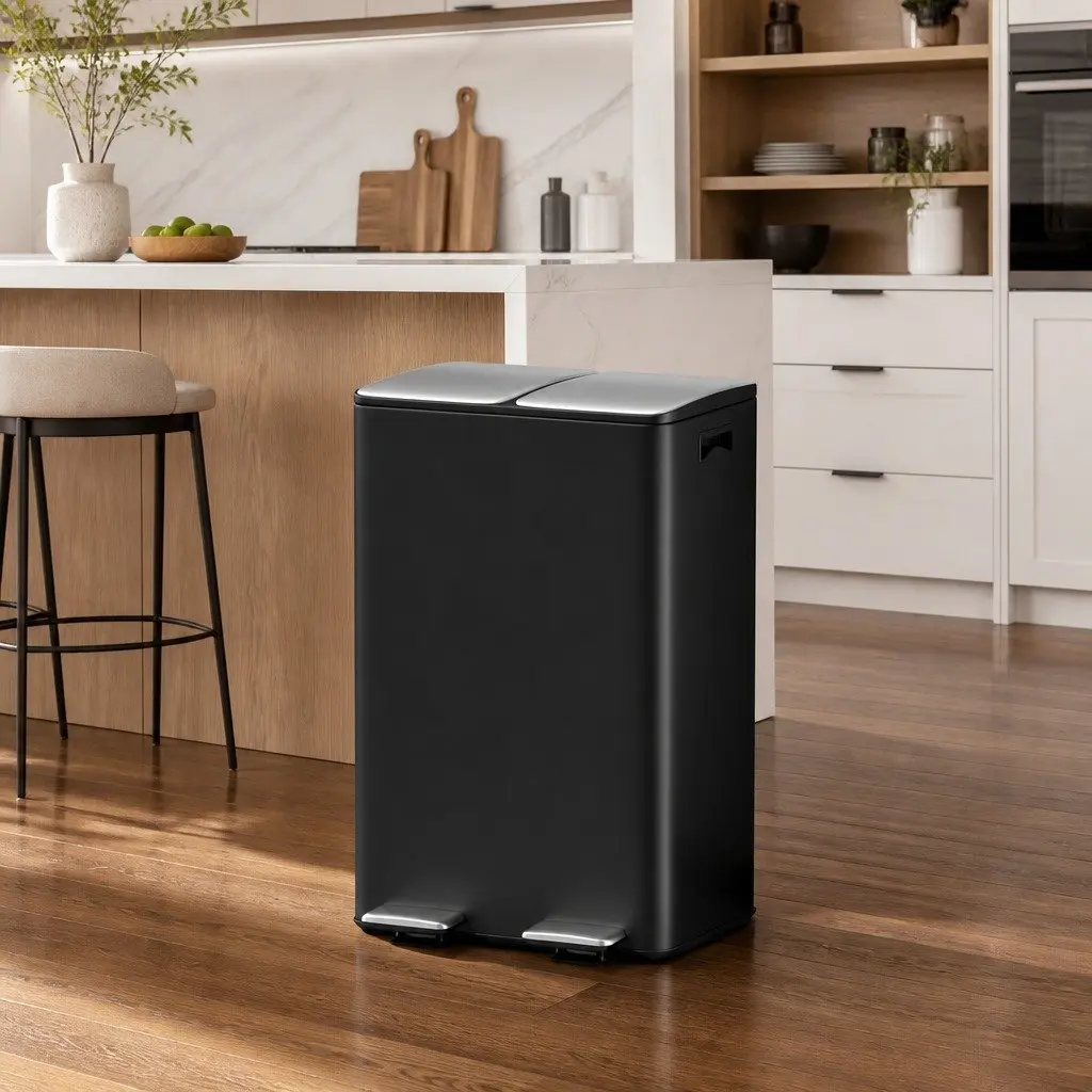 Pedal Bins Dual Compartment Waste Rubbish Dustbin Recycling 60L Black Kitchen