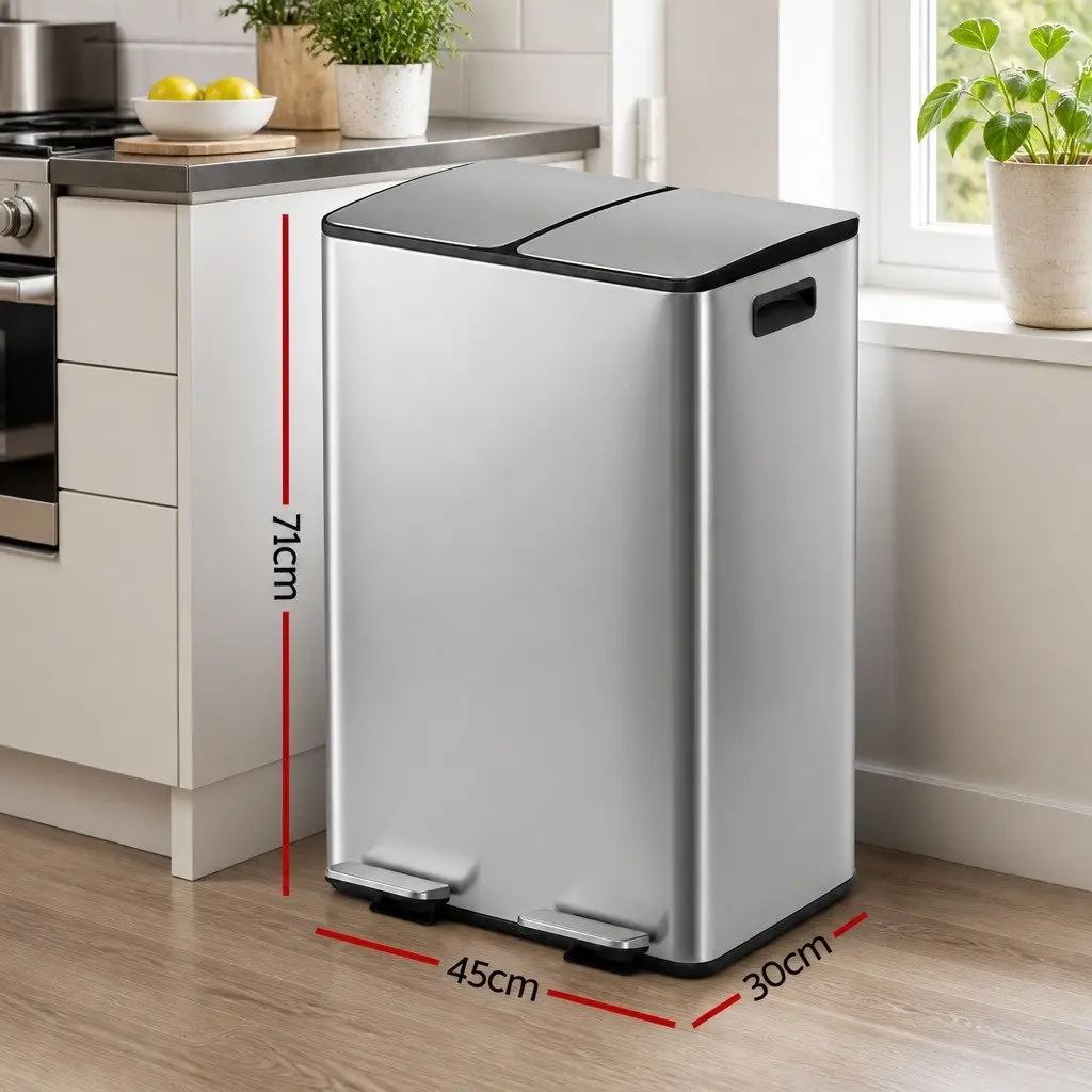 Pedal Bin Dual Compartment 60L Stainless Steel Silver Kitchen Home