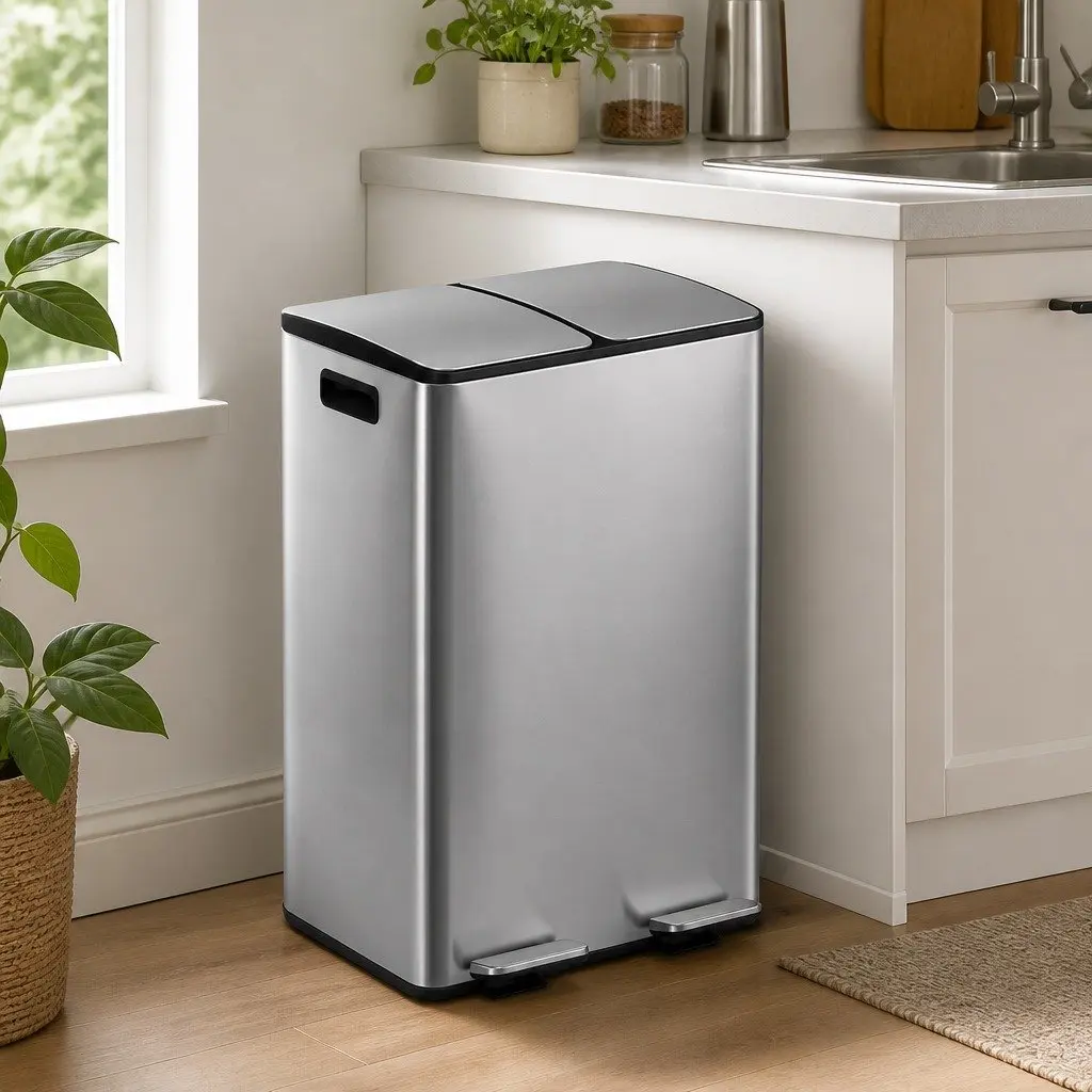 Pedal Bin Dual Compartment 60L Stainless Steel Silver Kitchen Home