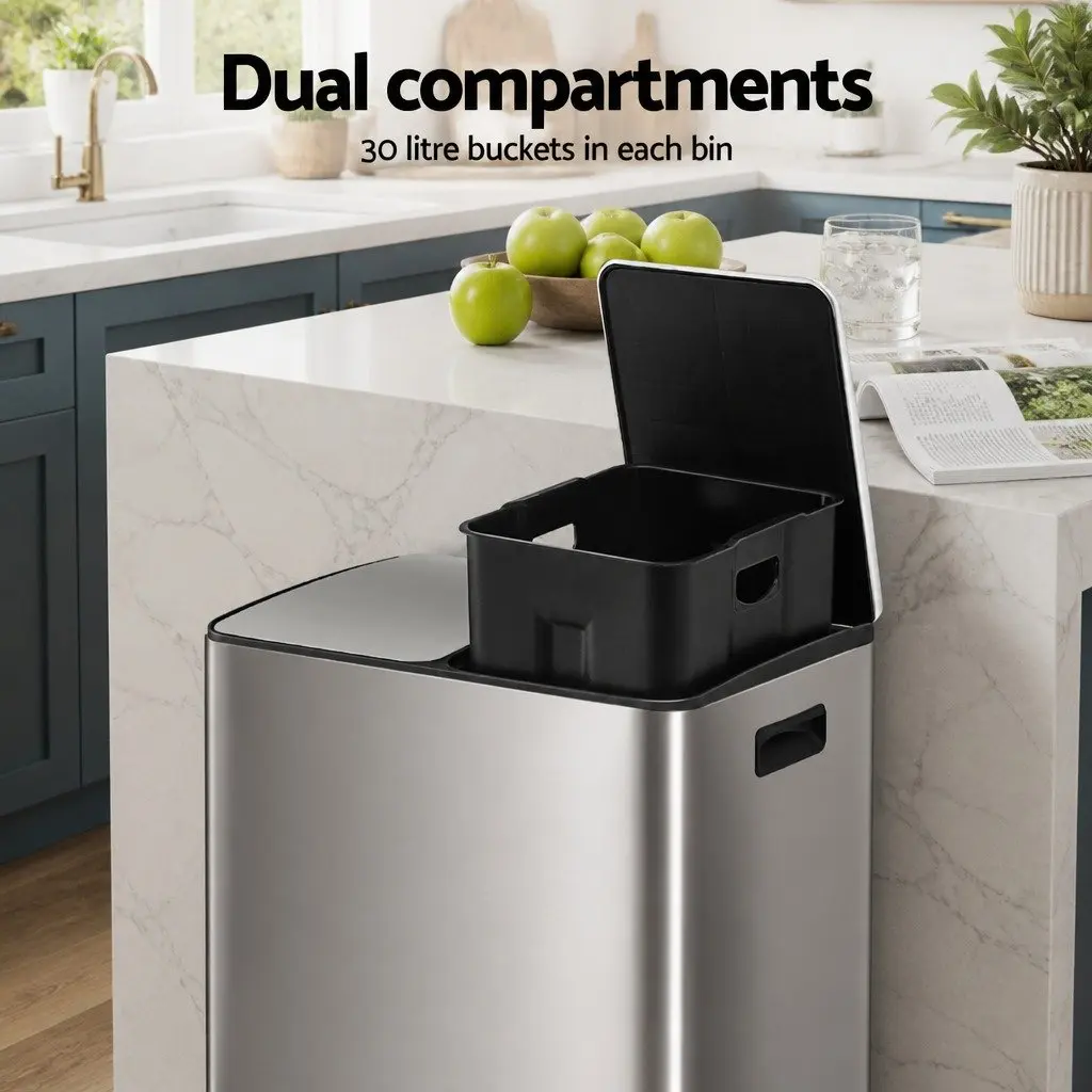 Pedal Bin Dual Compartment 60L Stainless Steel Silver Kitchen Home
