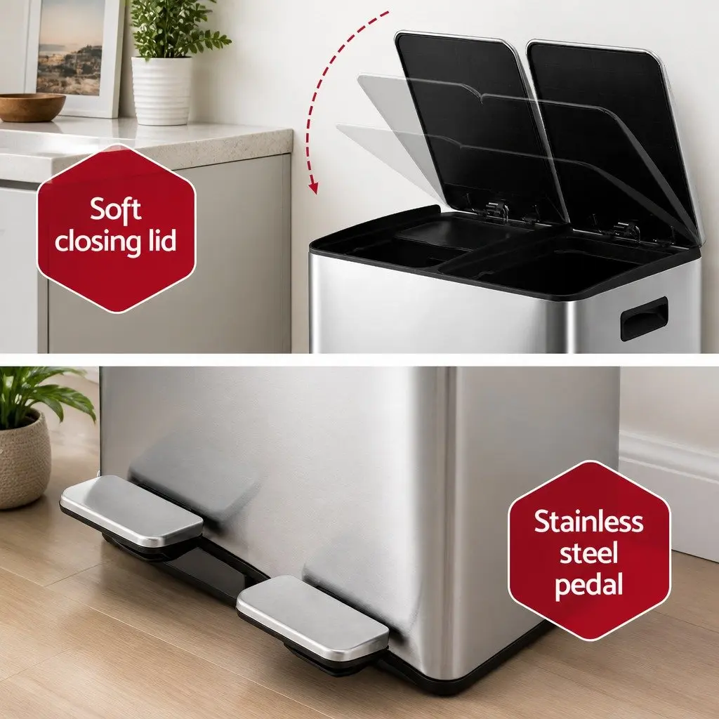 Pedal Bin Dual Compartment 60L Stainless Steel Silver Kitchen Home
