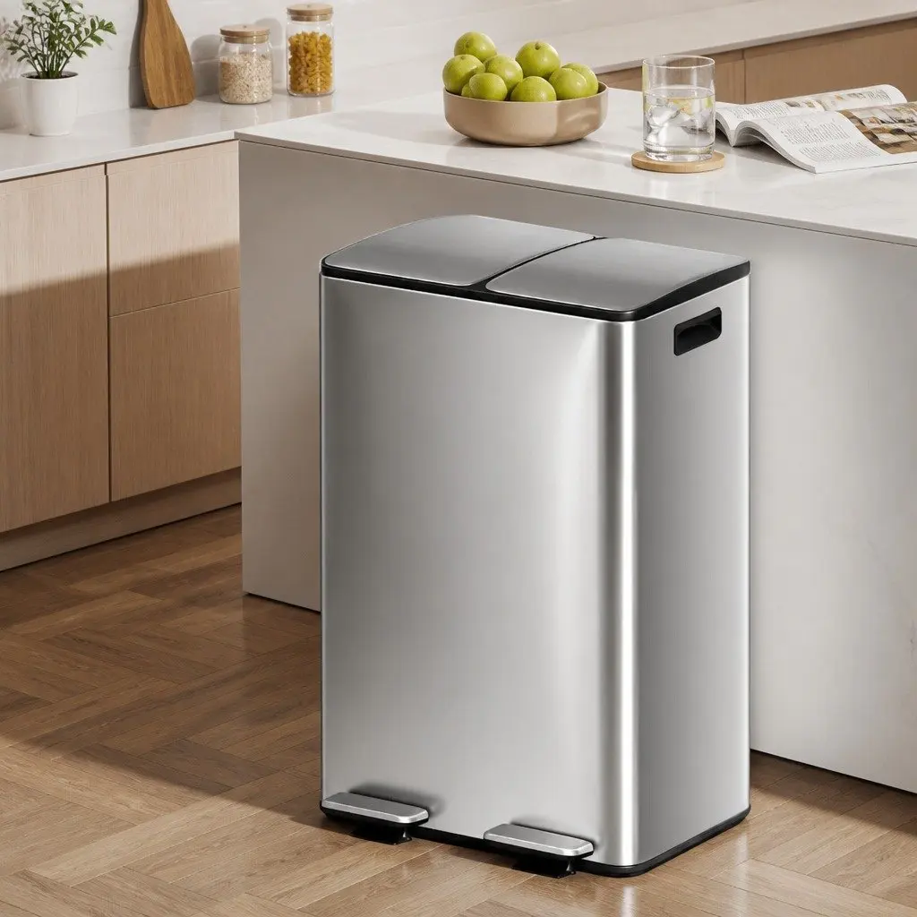 Pedal Bin Dual Compartment 60L Stainless Steel Silver Kitchen Home