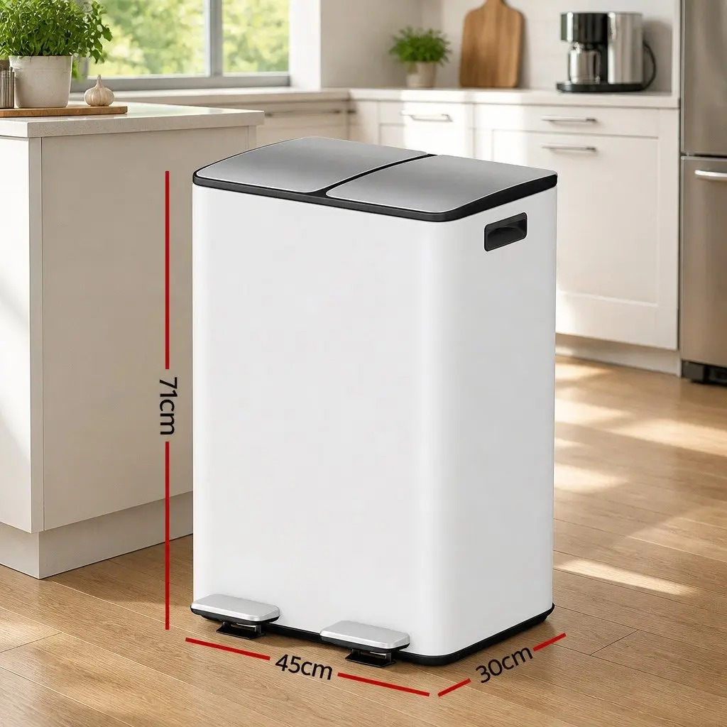 Pedal Bin Dual Compartment 60L White Kitchen Rubbish
